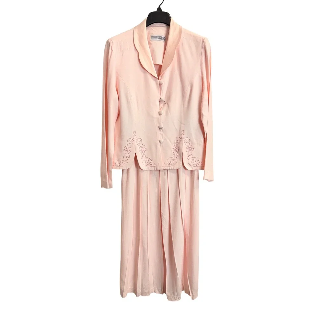 Jessica Howard Pink Skirt Suit Set 14 Embroidered Beaded Blazer Pleated Midi